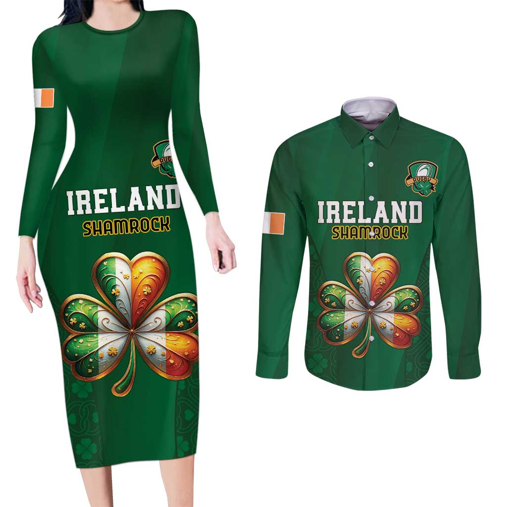 Custom Ireland Rugby Couples Matching Long Sleeve Bodycon Dress and Long Sleeve Button Shirt Shamrock With Ireland Flag Colors