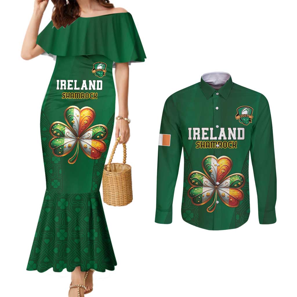 Custom Ireland Rugby Couples Matching Mermaid Dress and Long Sleeve Button Shirt Shamrock With Ireland Flag Colors