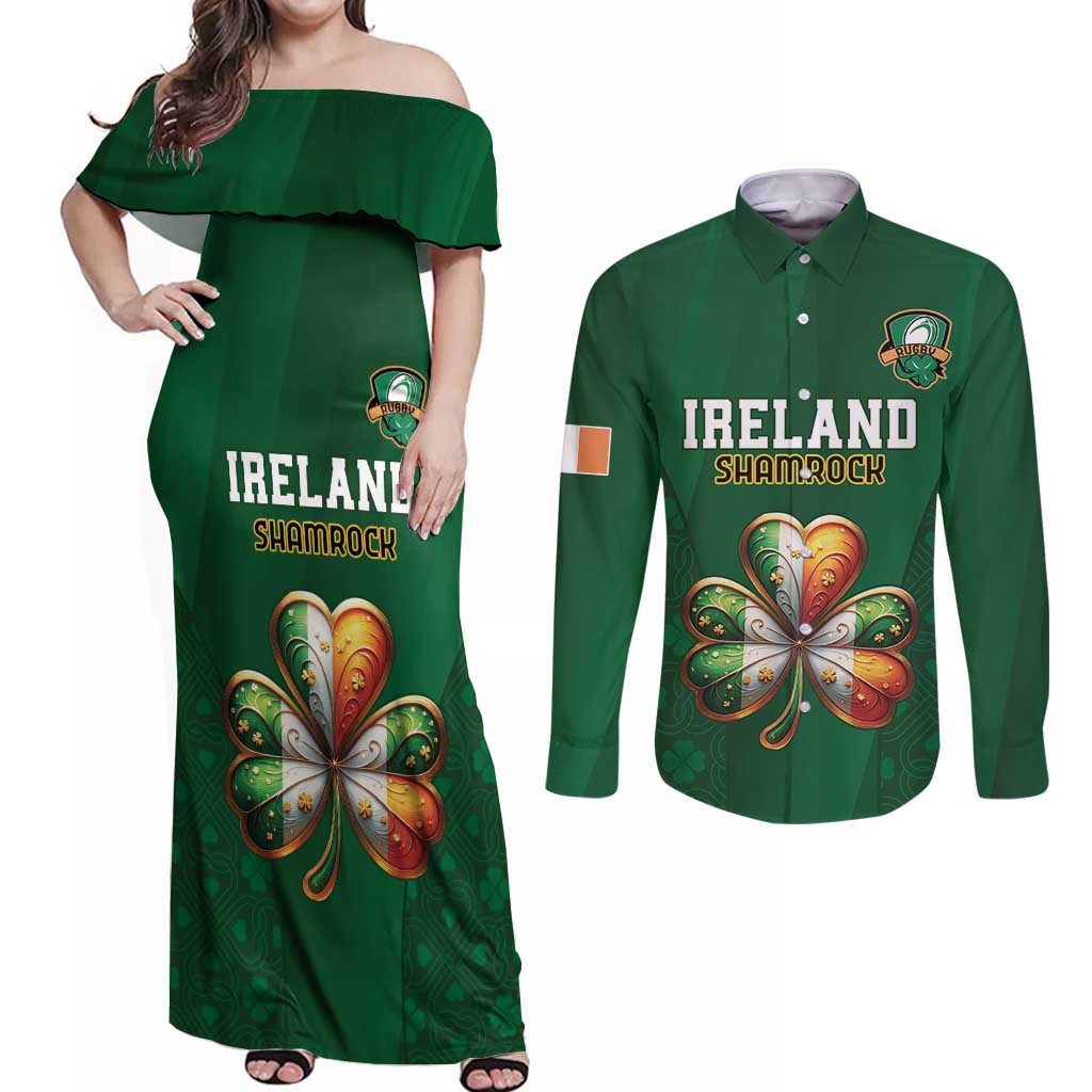 Custom Ireland Rugby Couples Matching Off Shoulder Maxi Dress and Long Sleeve Button Shirt Shamrock With Ireland Flag Colors