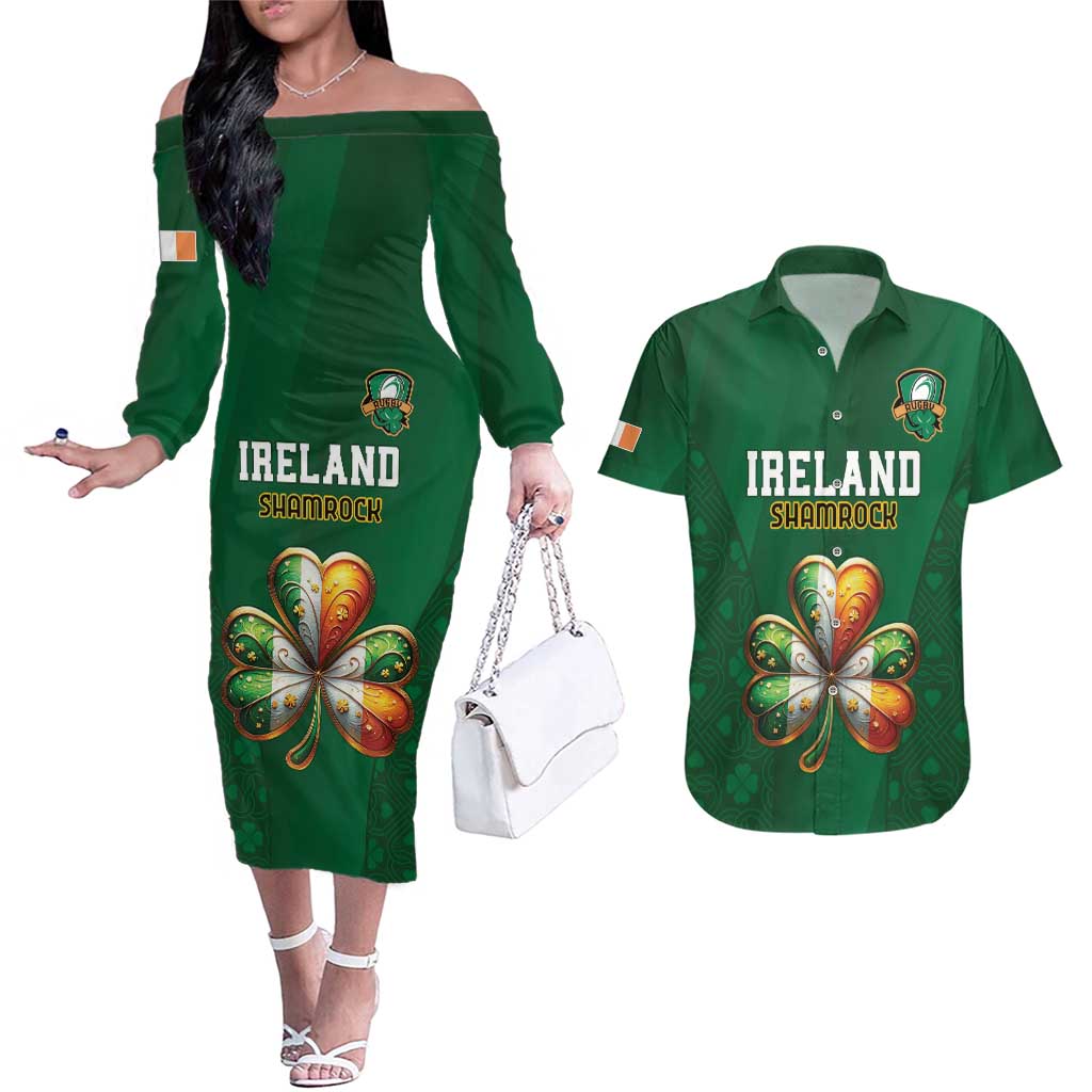 Custom Ireland Rugby Couples Matching Off The Shoulder Long Sleeve Dress and Hawaiian Shirt Shamrock With Ireland Flag Colors