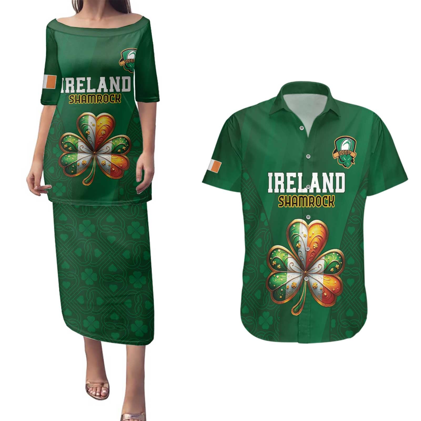 Custom Ireland Rugby Couples Matching Puletasi and Hawaiian Shirt Shamrock With Ireland Flag Colors