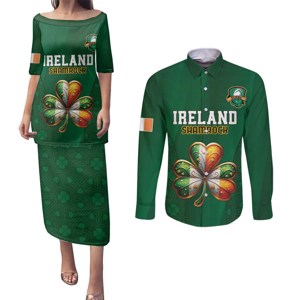 Custom Ireland Rugby Couples Matching Puletasi and Long Sleeve Button Shirt Shamrock With Ireland Flag Colors