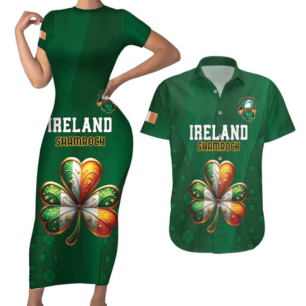 Custom Ireland Rugby Couples Matching Short Sleeve Bodycon Dress and Hawaiian Shirt Shamrock With Ireland Flag Colors