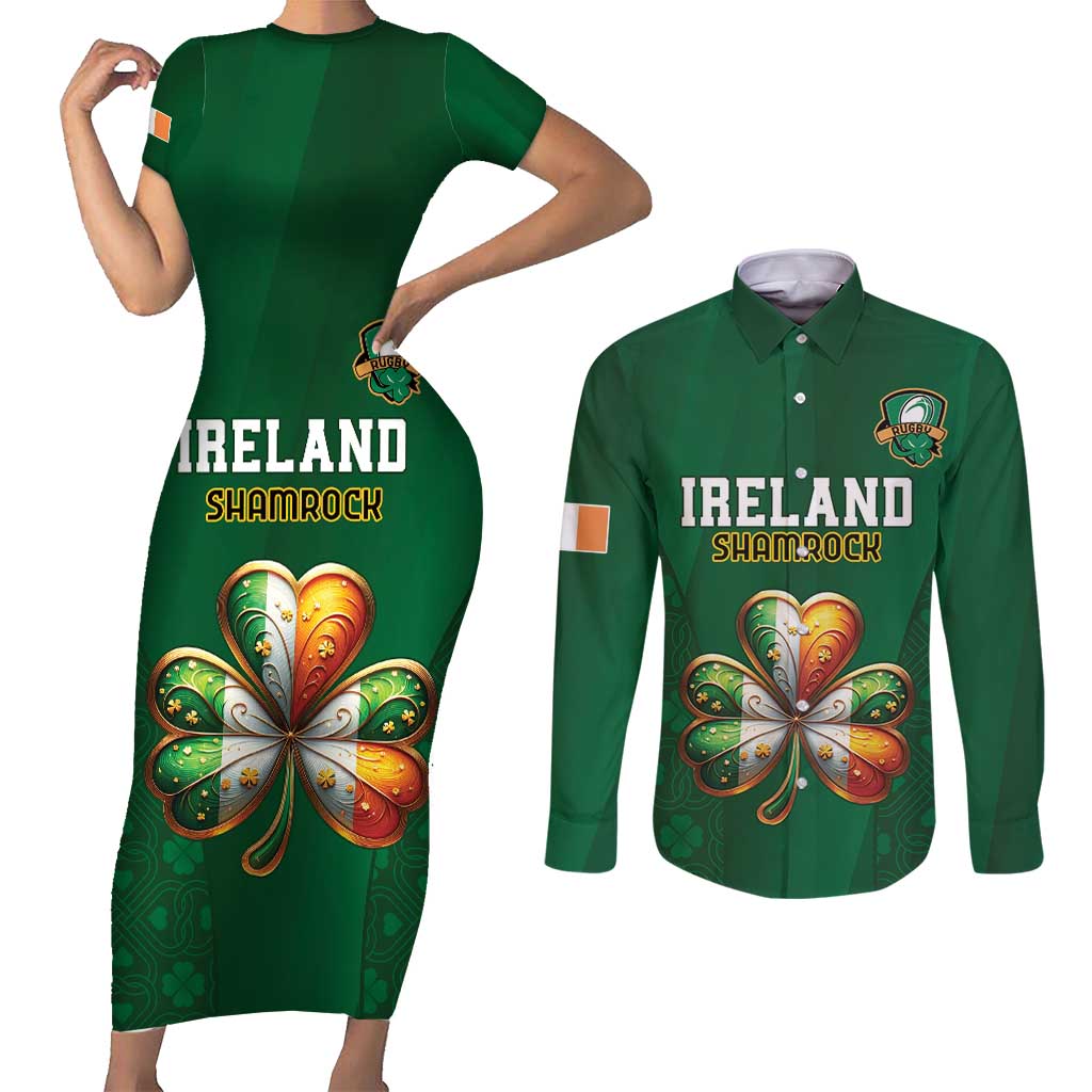 Custom Ireland Rugby Couples Matching Short Sleeve Bodycon Dress and Long Sleeve Button Shirt Shamrock With Ireland Flag Colors