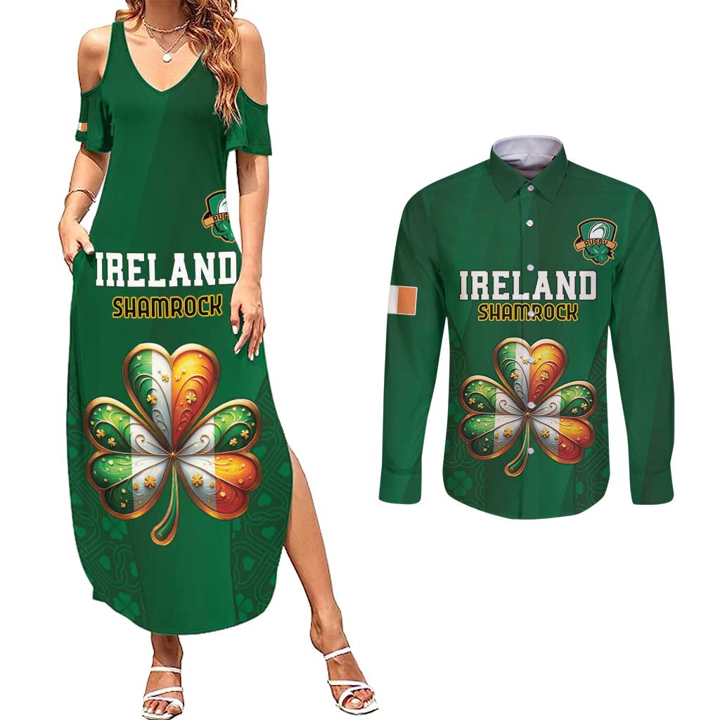 Custom Ireland Rugby Couples Matching Summer Maxi Dress and Long Sleeve Button Shirt Shamrock With Ireland Flag Colors