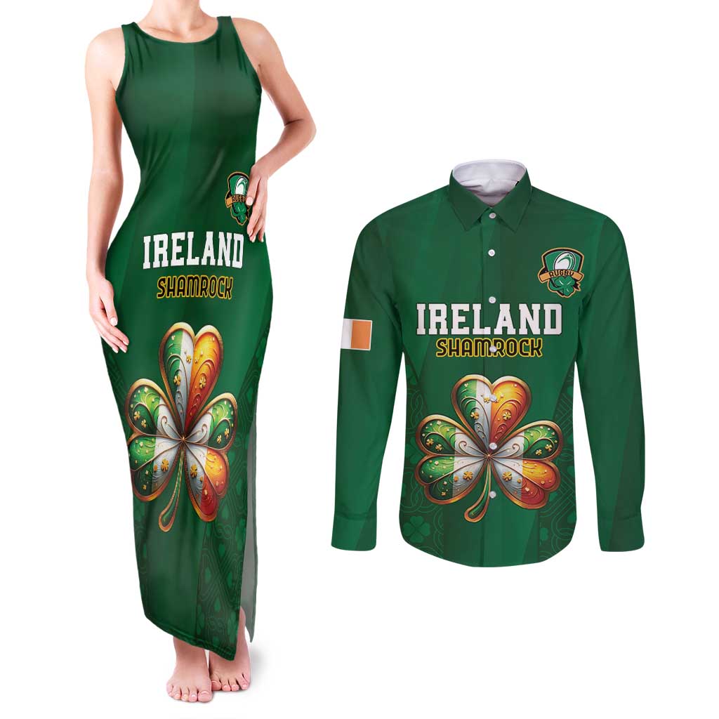 Custom Ireland Rugby Couples Matching Tank Maxi Dress and Long Sleeve Button Shirt Shamrock With Ireland Flag Colors