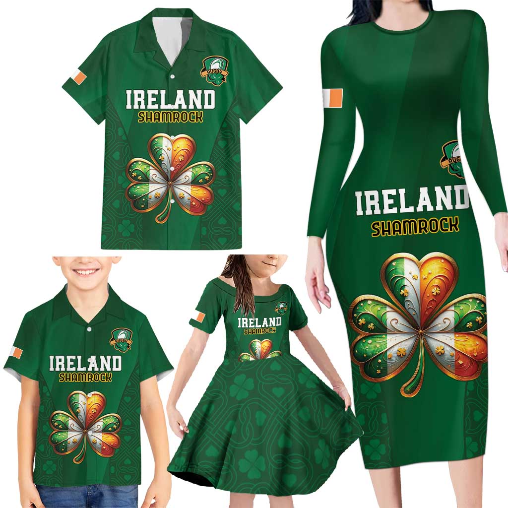 Custom Ireland Rugby Family Matching Long Sleeve Bodycon Dress and Hawaiian Shirt Shamrock With Ireland Flag Colors - Wonder Print Shop