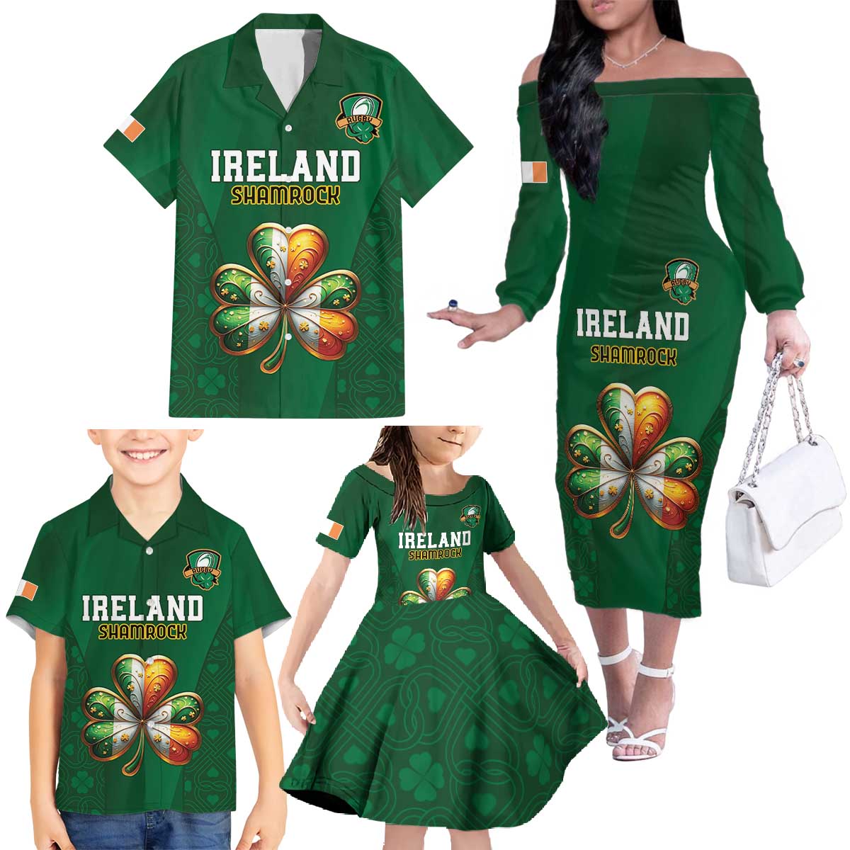 Custom Ireland Rugby Family Matching Off The Shoulder Long Sleeve Dress and Hawaiian Shirt Shamrock With Ireland Flag Colors