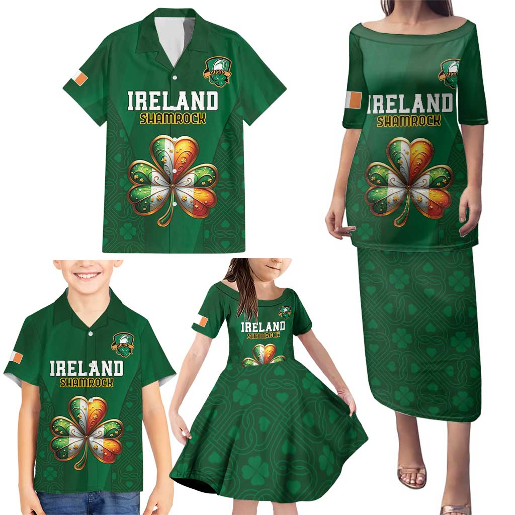 Custom Ireland Rugby Family Matching Puletasi and Hawaiian Shirt Shamrock With Ireland Flag Colors