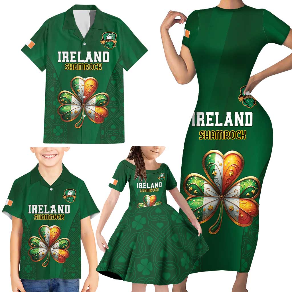 Custom Ireland Rugby Family Matching Short Sleeve Bodycon Dress and Hawaiian Shirt Shamrock With Ireland Flag Colors - Wonder Print Shop