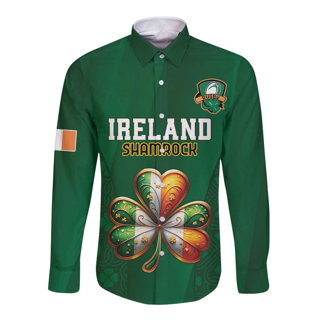 Green long-sleeve button rugby shirt with Ireland shamrock graphic and crest on chest.