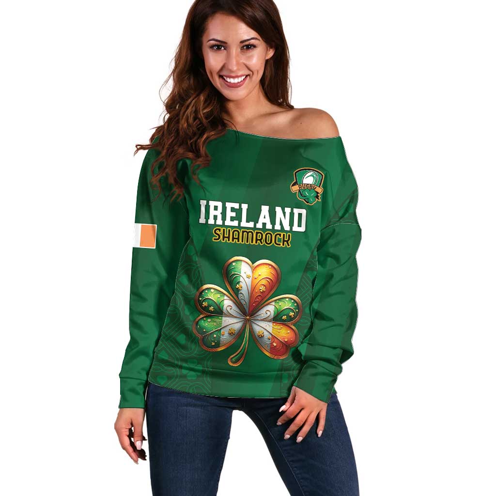 Custom Ireland Rugby Off Shoulder Sweater Shamrock With Ireland Flag Colors