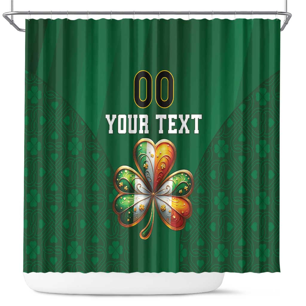 Green shower curtain with clover heart graphic and “YOUR TEXT” lettering
