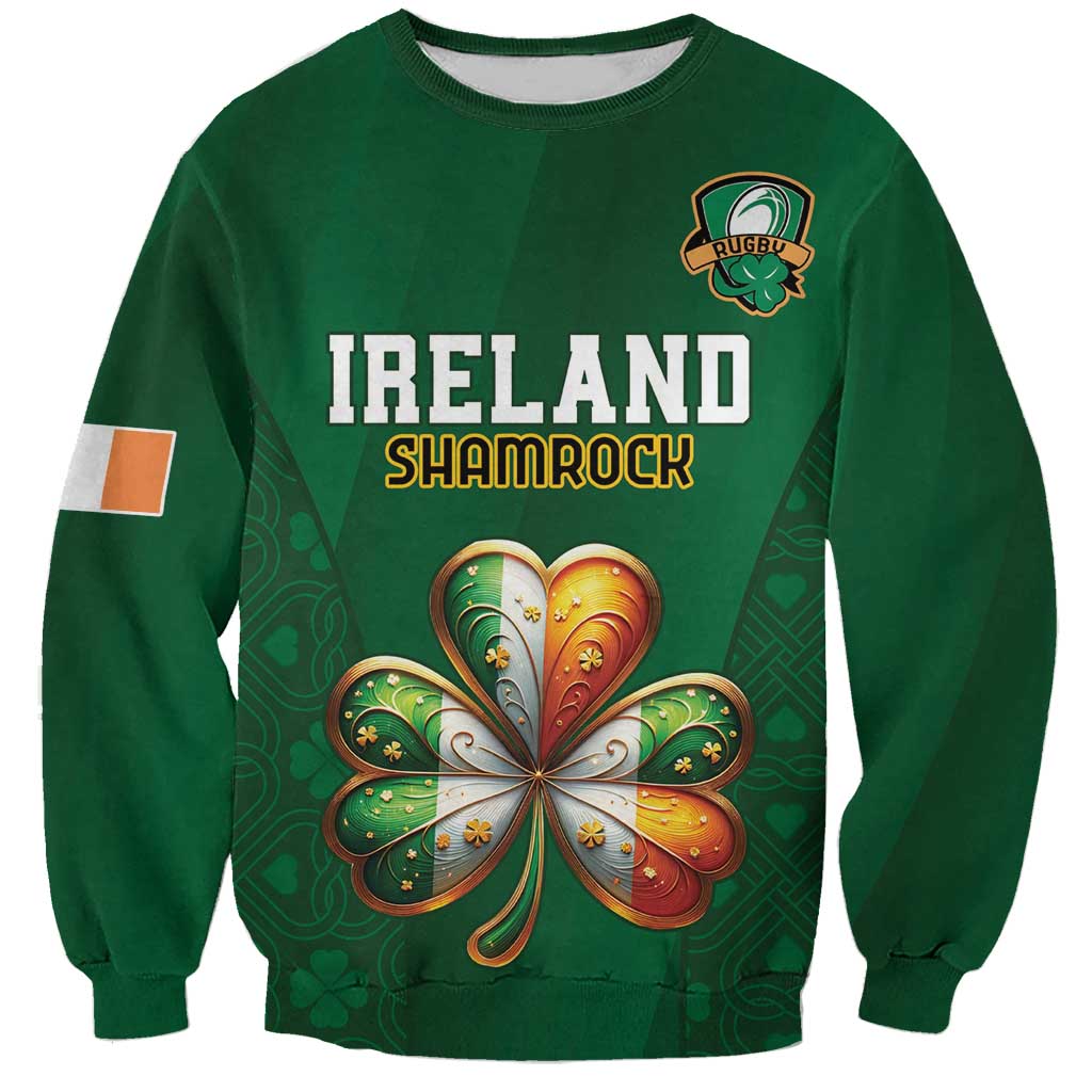 Green crewneck sweatshirt with front shamrock graphic and Ireland text, ribbed cuffs