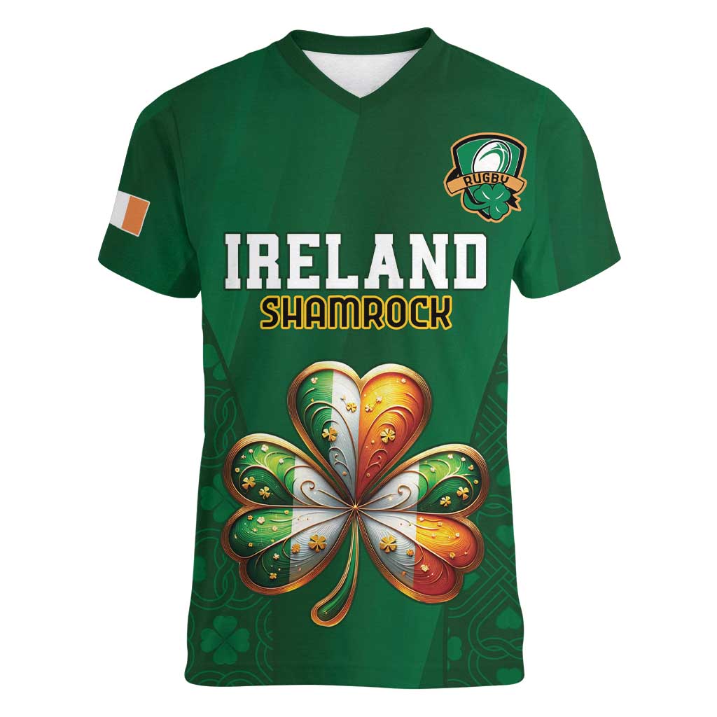 Custom Ireland Rugby Women V-Neck T-Shirt Shamrock With Ireland Flag Colors