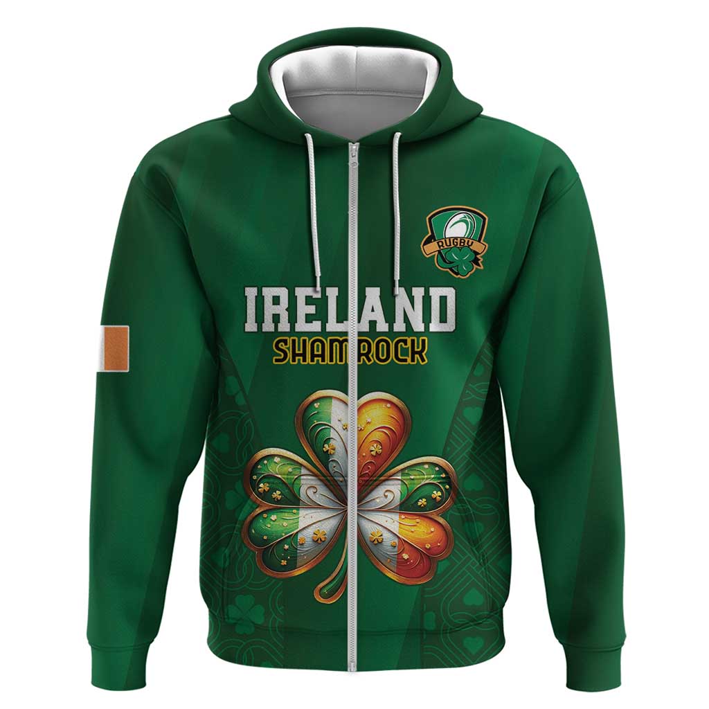 Custom Ireland Rugby Zip Hoodie Shamrock With Ireland Flag Colors