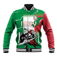 Green and red baseball jacket with striped collar, front wolf graphic and ITALY print