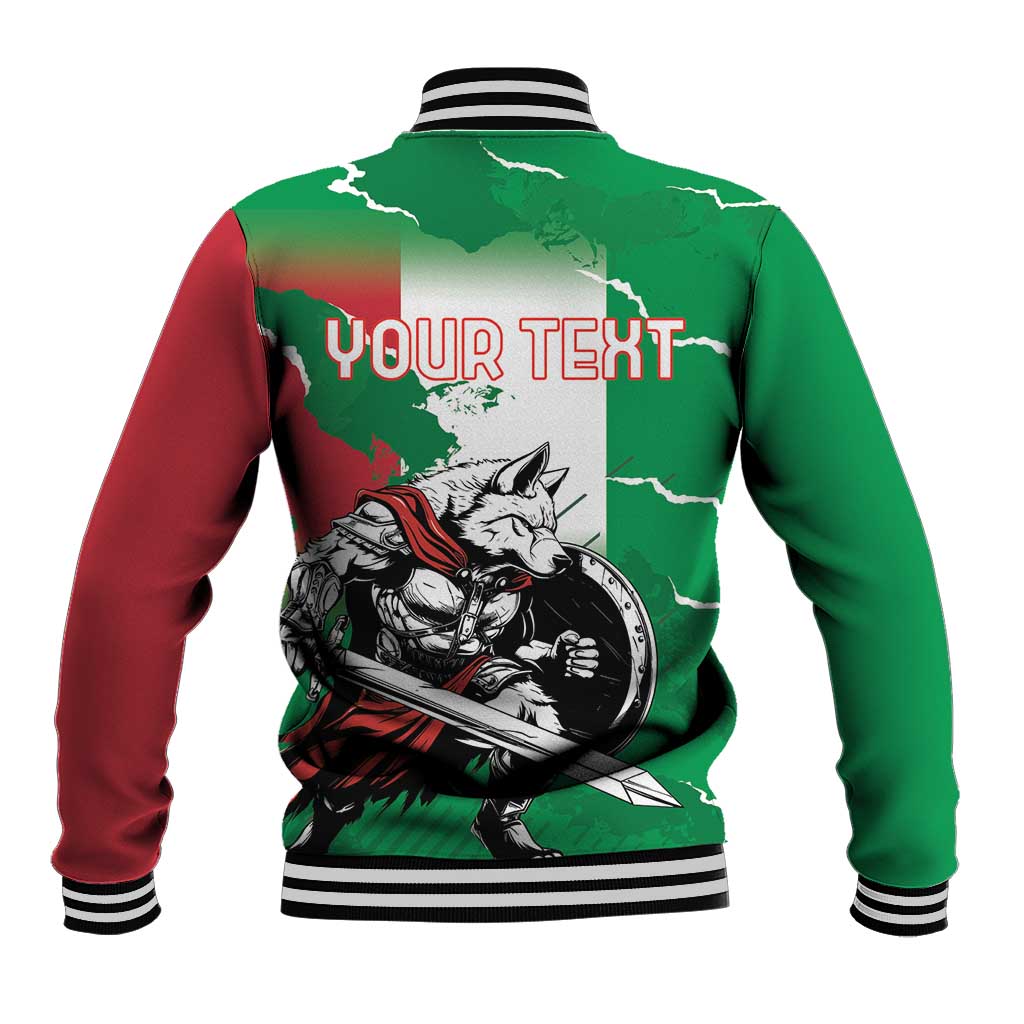 Green and red baseball jacket with striped collar, back wolf graphic and YOUR TEXT print
