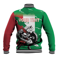 Green and red baseball jacket with striped collar, back wolf graphic and YOUR TEXT print