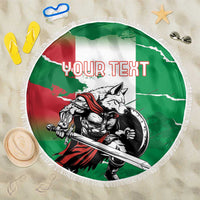 Green round beach blanket with fringe, wolf warrior graphic and customizable text