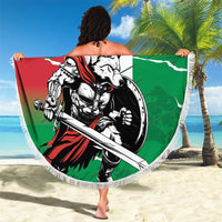 Green round beach blanket with fringe, wolf warrior graphic and “YOUR TEXT”
