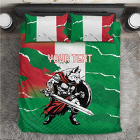 Green, red, and white duvet cover set with wolf warrior graphic and personalized text
