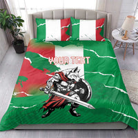 Green duvet cover set with wolf warrior print, matching pillowcases, and personalized text