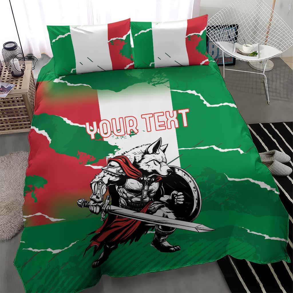 Green duvet cover and pillowcases with wolf warrior artwork and personalized text