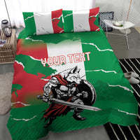 Green duvet cover and pillowcases with wolf warrior artwork and personalized text