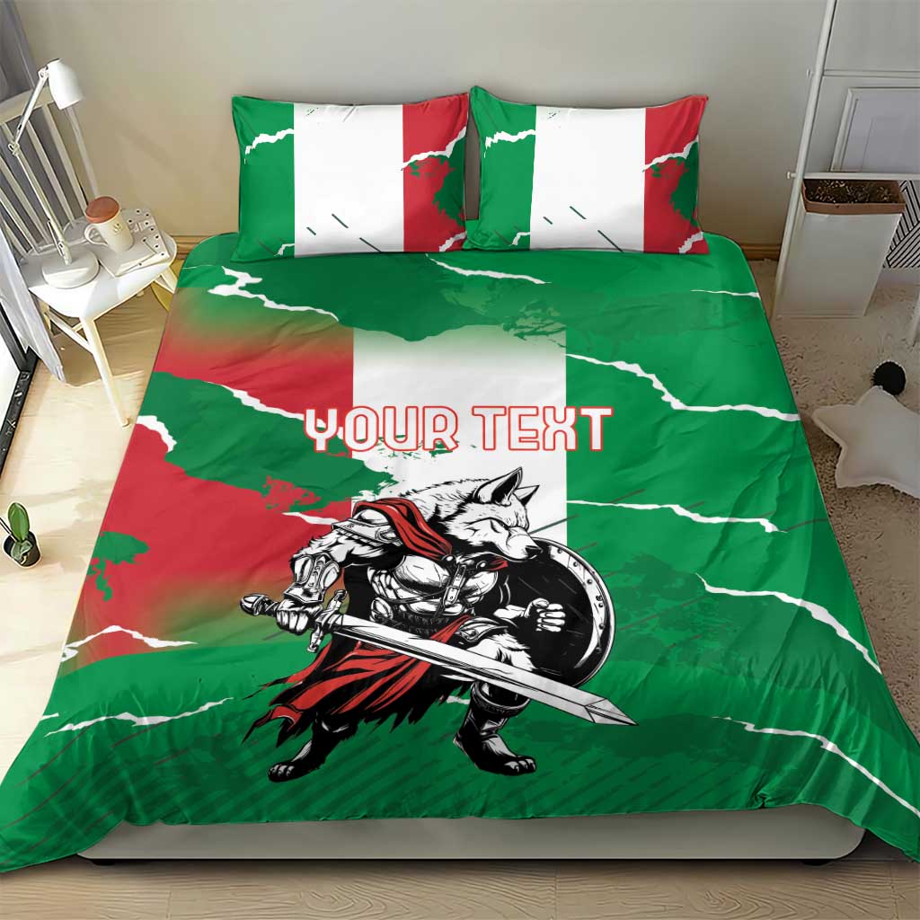 Green bedding set with wolf warrior print, matching pillowcases, and personalized text