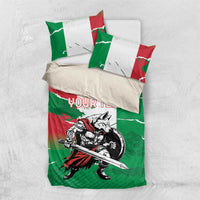 Green duvet cover set with wolf warrior graphic and personalized text on sham pillows