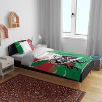 Green duvet cover and pillowcases featuring wolf warrior artwork and personalized text