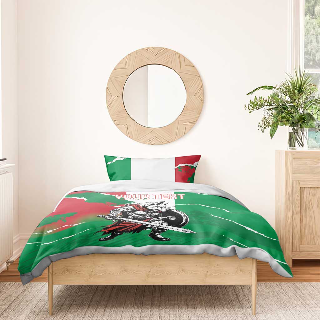 Green duvet cover bedding with wolf warrior print, matching pillowcases, and personalized text