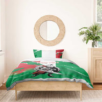 Green duvet cover bedding with wolf warrior print, matching pillowcases, and personalized text