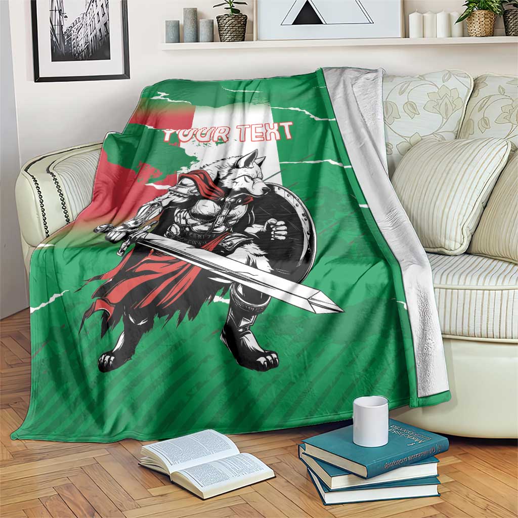 Green personalized blanket with wolf warrior sword graphic and “YOUR TEXT” on Italy flag design