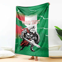Green wolf warrior blanket draped on couch featuring “YOUR TEXT” and Italy flag flag-style print