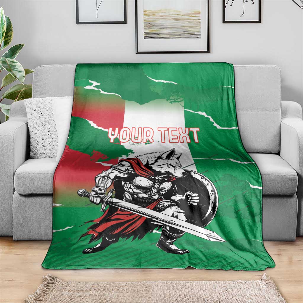 Green Italy flag-style blanket with wolf warrior illustration and “YOUR TEXT” across the center