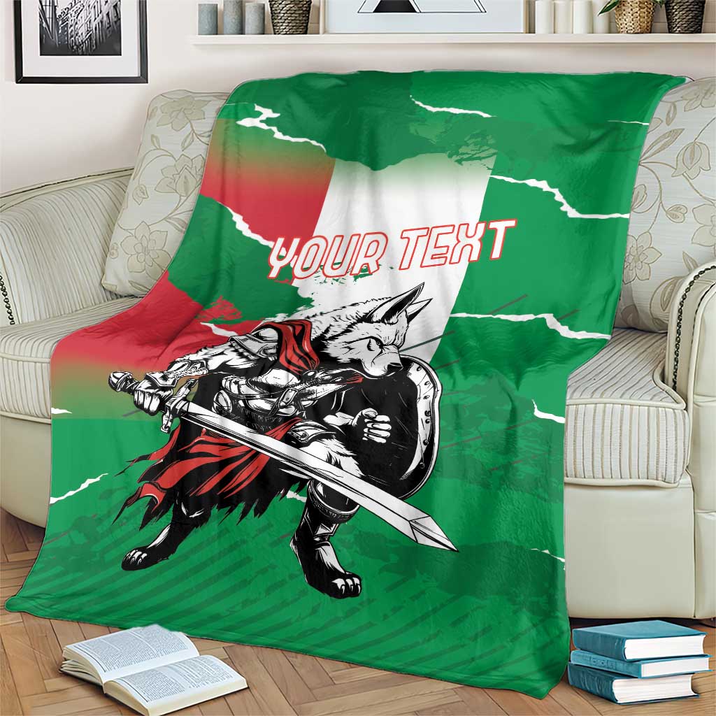 Green personalized throw blanket with wolf warrior sword graphic and “YOUR TEXT” on flag-style background