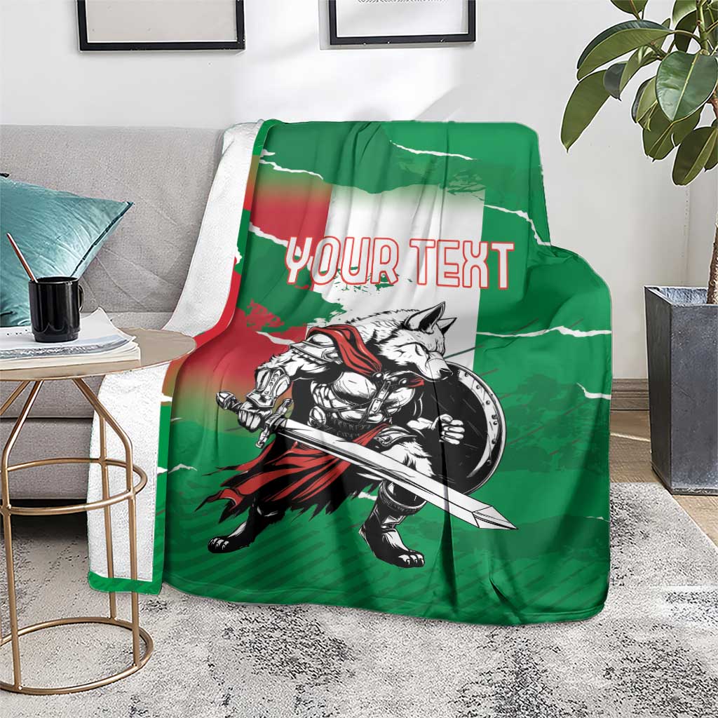 Green wolf warrior blanket with “YOUR TEXT” and Italy flag design, laid over a sofa arm