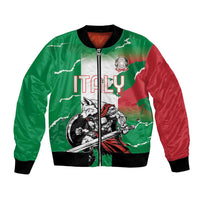 Unisex green and red bomber jacket with zip front, wolf graphic and crest on chest