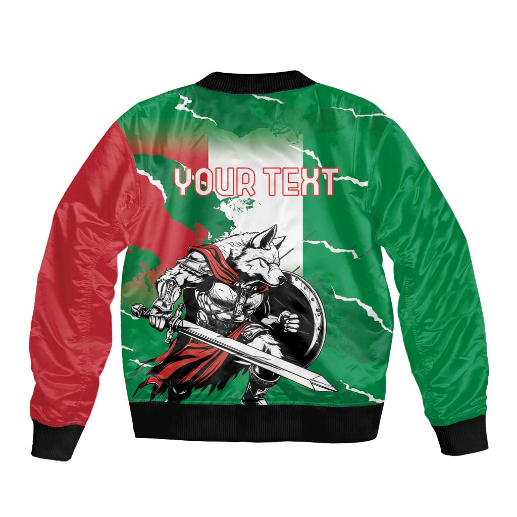 Unisex green and red bomber jacket, back wolf graphic with placeholder text, ribbed hem