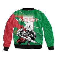 Unisex green and red bomber jacket, back wolf graphic with placeholder text, ribbed hem
