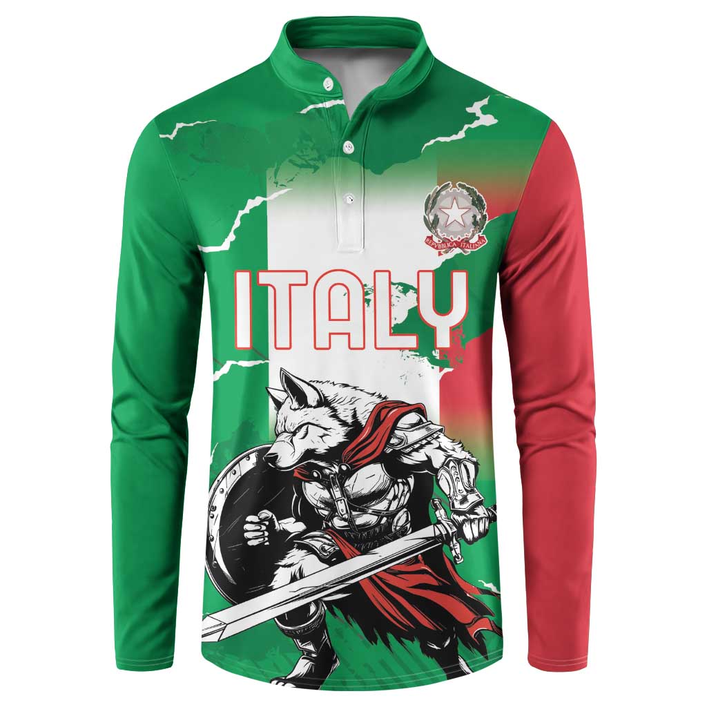 Green button sweatshirt with long sleeves and Italy wolf warrior front graphic