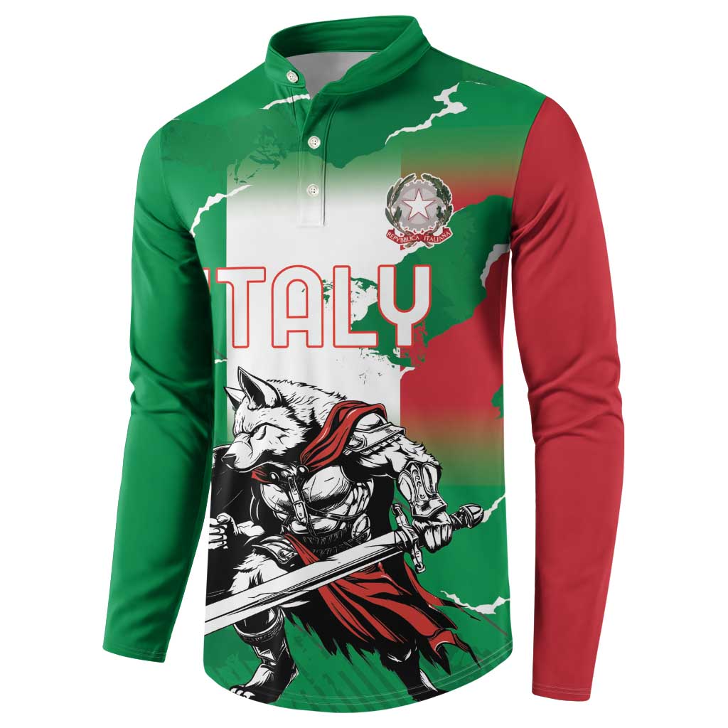 Green button sweatshirt with Italy wolf warrior graphic and red side sleeves