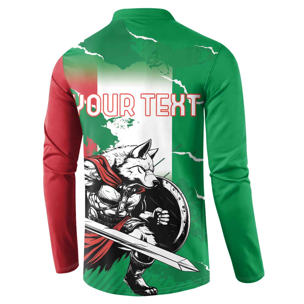 Green back button sweatshirt with YOUR TEXT and wolf warrior sword graphic