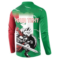 Green back button sweatshirt with YOUR TEXT and wolf warrior sword graphic