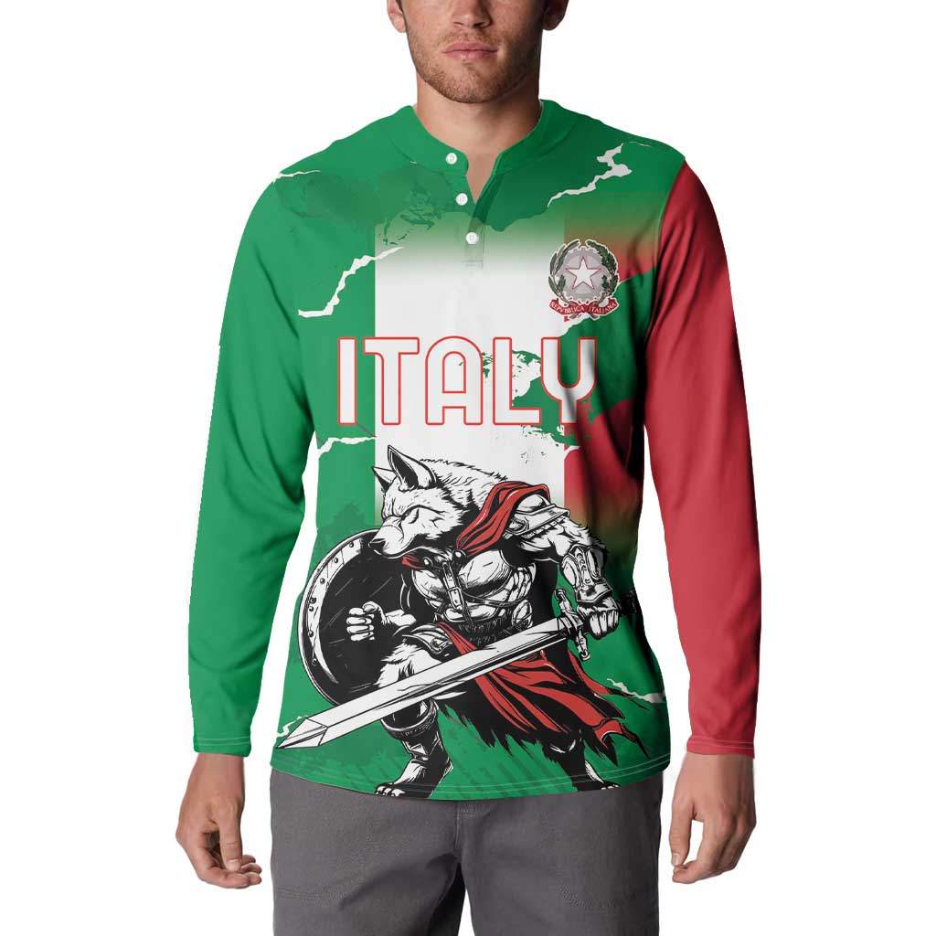 Green button sweatshirt on model with Italy wolf warrior front graphic and red sleeve