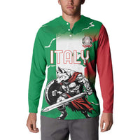 Green button sweatshirt on model with Italy wolf warrior front graphic and red sleeve
