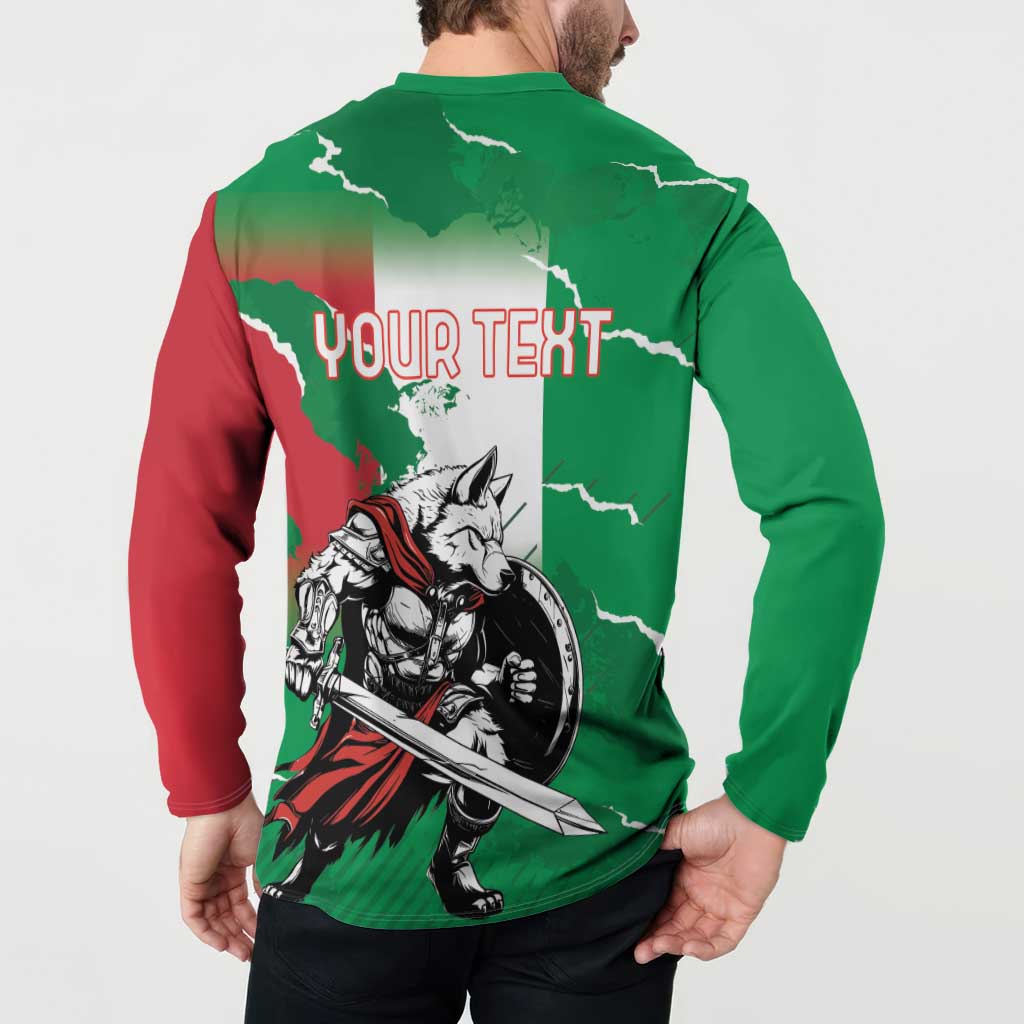 Green back button sweatshirt on model with YOUR TEXT and wolf warrior sword graphic