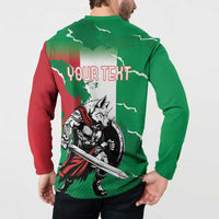 Green back button sweatshirt on model with YOUR TEXT and wolf warrior sword graphic